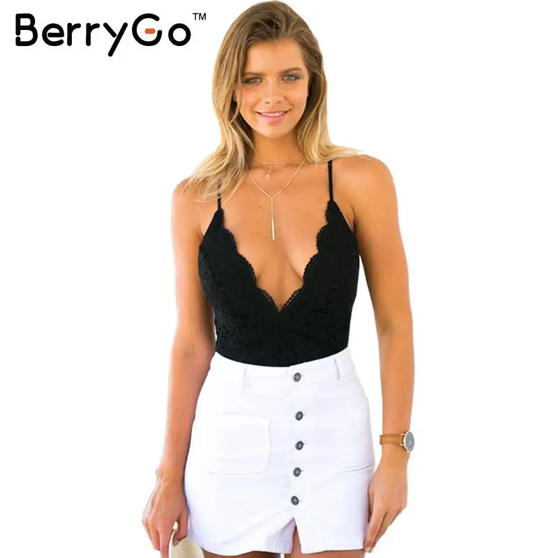 BerryGo Deep v neck lace up sexy bodysuit Black backless