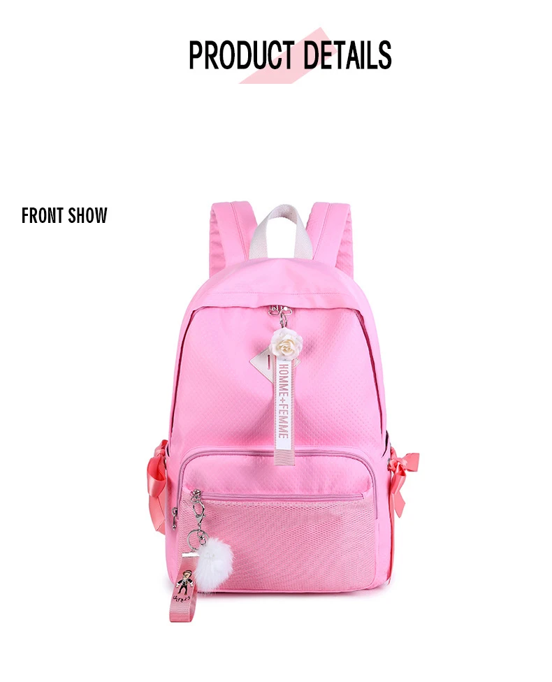 Рюкзак с помпоном из волос и лентой, женский рюкзак с сетчатым карманом для ноутбука, Модный водонепроницаемый милый школьный рюкзак для девочек-подростков