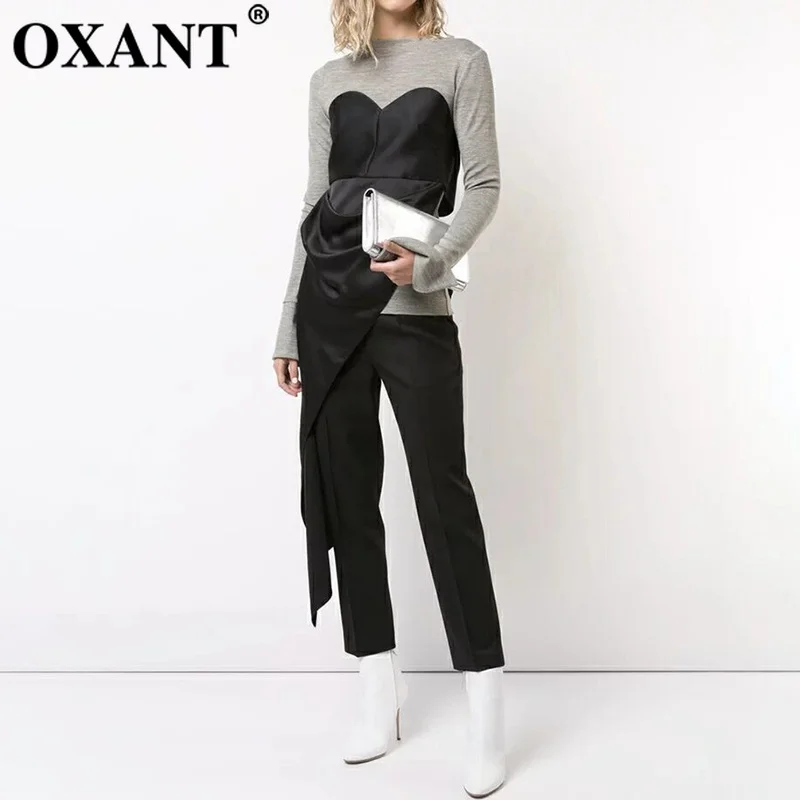 

OXANT Patchwork Asymmetrical Hem T-shirts Women High Waist Long Sleeve Lace up T-shirt Tops Female Fashion 2019 Autumn
