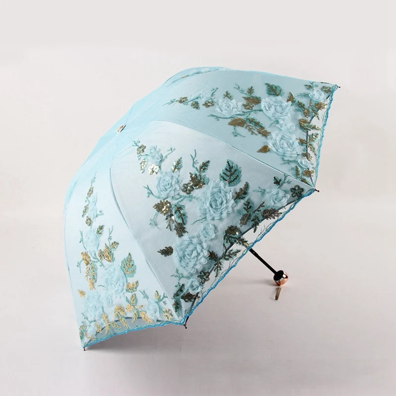 Три складных higt количество дамский зонтик кружева фиолетовые Зонты Цветочная вышивка складной зонтик солнце и дождь зонтик - Цвет: as picture