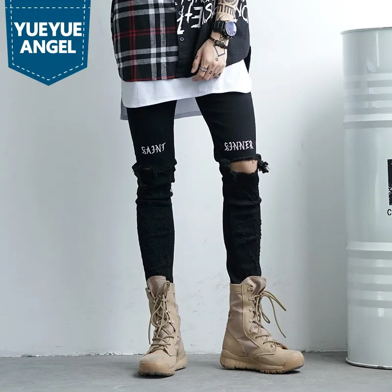 

2019 New High Street Black Hole Ripped Brand Jeans Men Letter Slim Thin Rock Pencil Pants Cowboy Streetwear Male Jeans Trousers