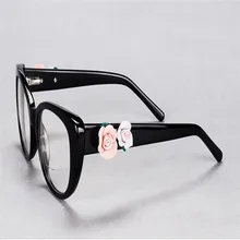 Women Elegant Fashion Retro Full Rim Acetate Flower Decoration Myopia Eyeglasses Frame Black Clear Lens Optical Eyewear Frame