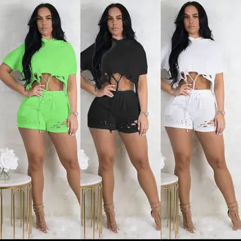 

New Arrival Solid Hole High Waist Short Hooded Crop Top With Shorts Casual Tracksuit Mathing Sets Fashion Sexy Two Piece Set