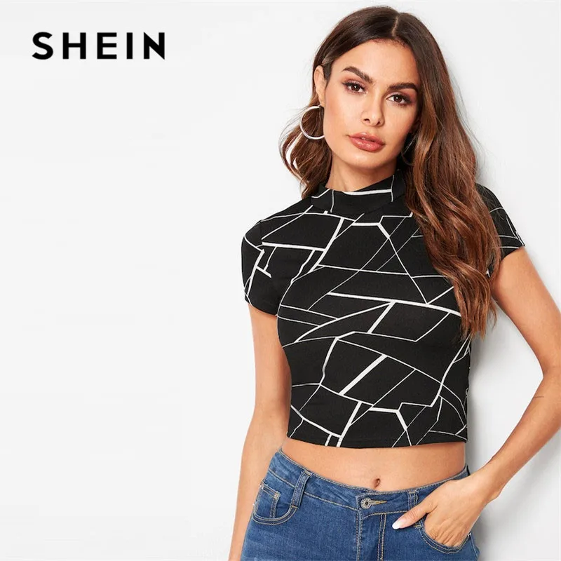 SHEIN Женская Повседневная футболка с геометрическим принтом, короткий рукав, стоячий воротник, летняя Приталенная футболка, короткий топ,, женские топы