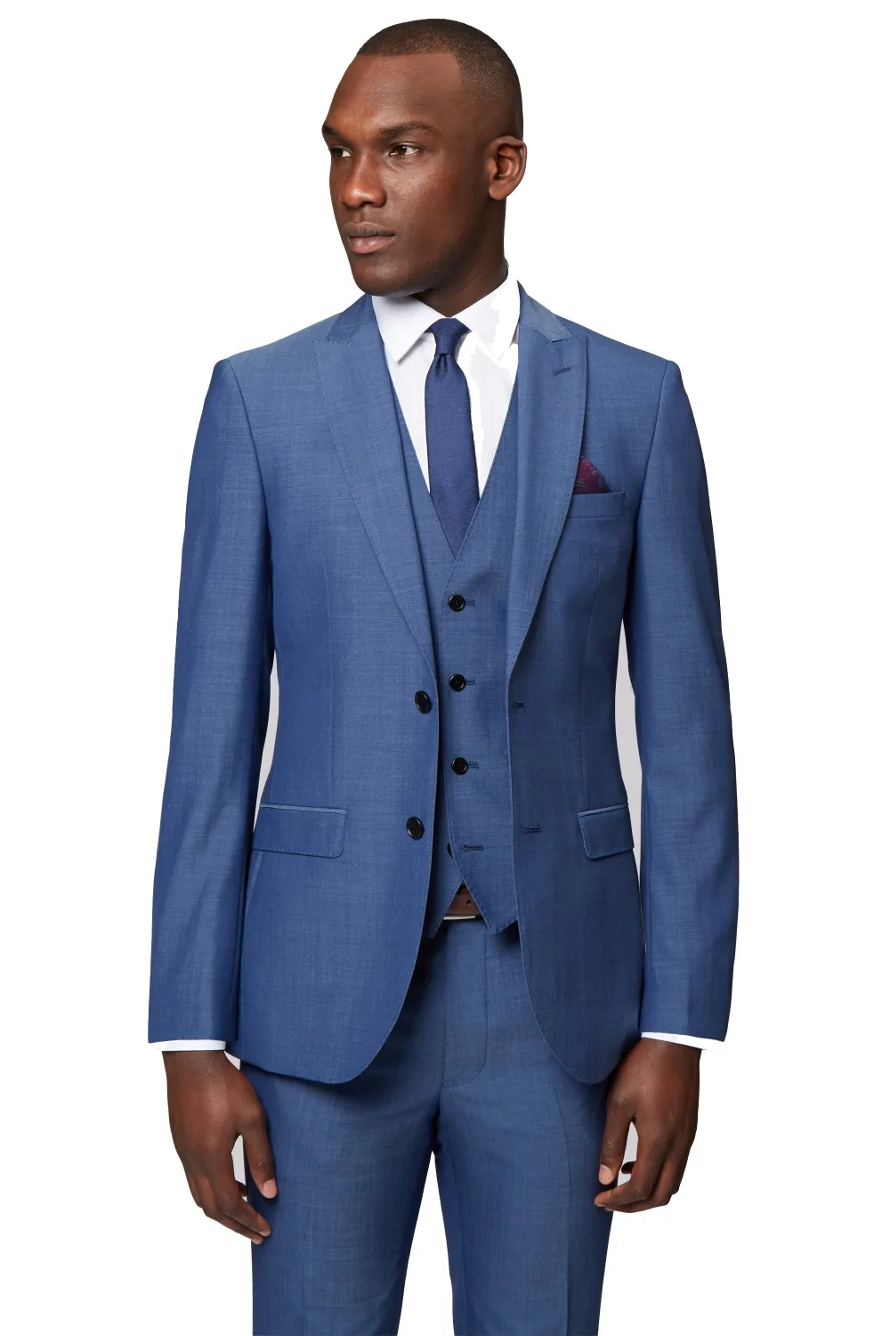 

New arriving custom made slim fit light blue 3pcs with 2 button peaked lapel custom made suits wedding