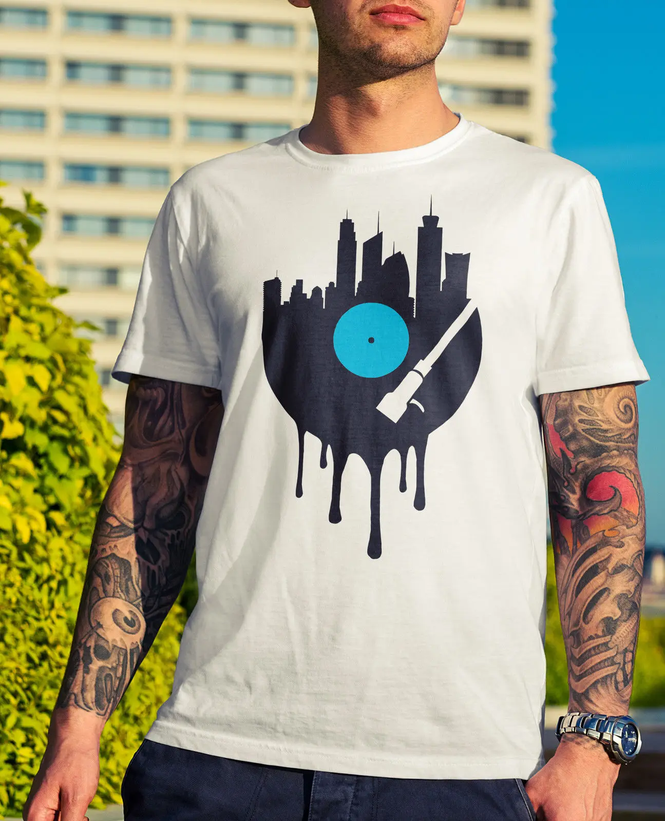 Men's Vinyl City T Shirt Fashion Gift Tee Design Music DJ Rave Clubbing