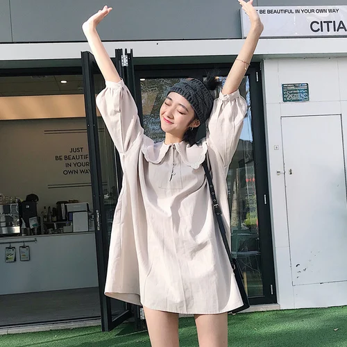 

New Arrival Casual Loose Solid Short Knee-length Regular Natural Peter Pan Collar Spring Summer Straight Female Dresses
