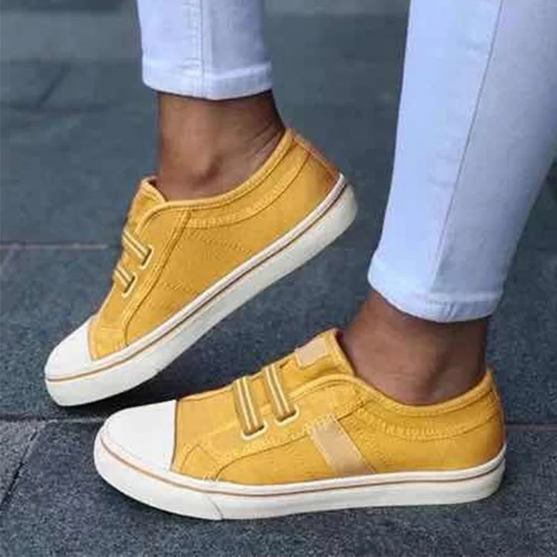 Women Flat Canvas Sneakers Casual Elastic Band Vulcanized Shoes Slip On Comfortable Platform Female Footwear Autumn Plus size - Цвет: Цвет: желтый