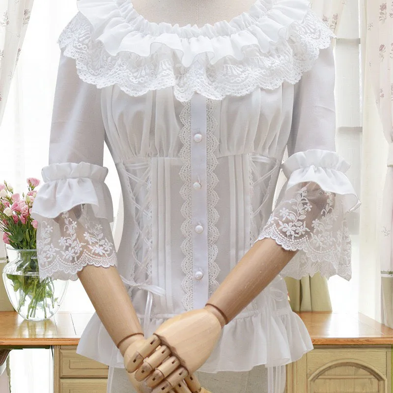 Милая кружевная блузка в стиле Лолиты шифоновая Элегантная блузка с рукавами 1/2, с оборками, с воротником, милая пуговица, топ, рубашка на шнуровке для женщин