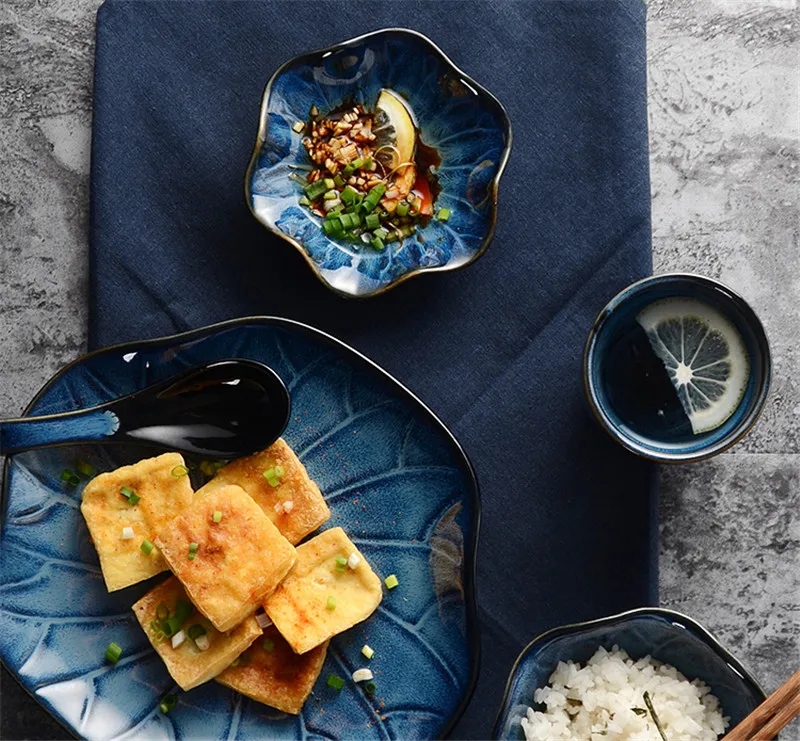 Градиентная тарелка для еды, чашка, блюдце, суповая ложка, набор, японский стиль, столовая посуда, поднос для суши, рисовая чаша, чайная чашка 5 шт./компл