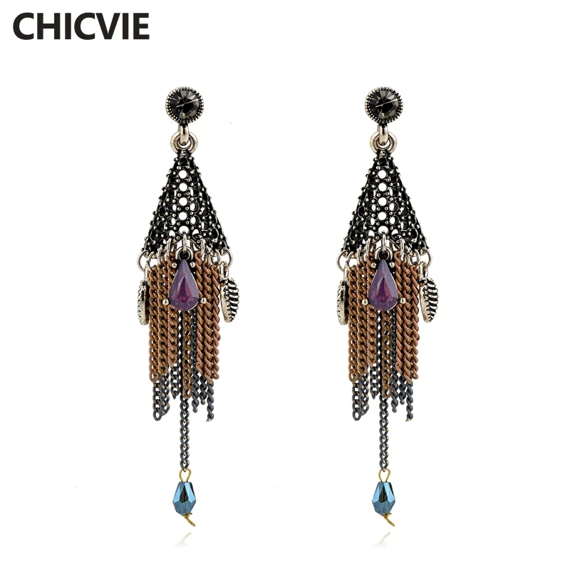 

CHICVIE Attractive Ethnic Charms Statement Dangle Drop Earrings for Women Yellow Bronze Tassel Jewelry Crystal earring SER160113