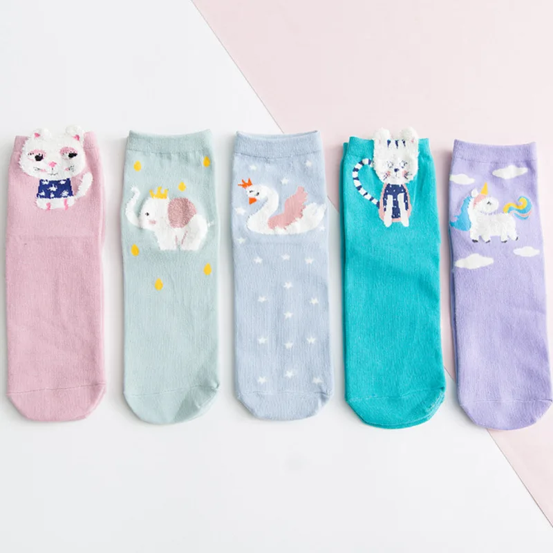 

3D Cartoon Cat Goose Horse Tiger Elephant Pattern Cute Women Candy Color Ventilation Cotton funny Socks harajuku kawaii