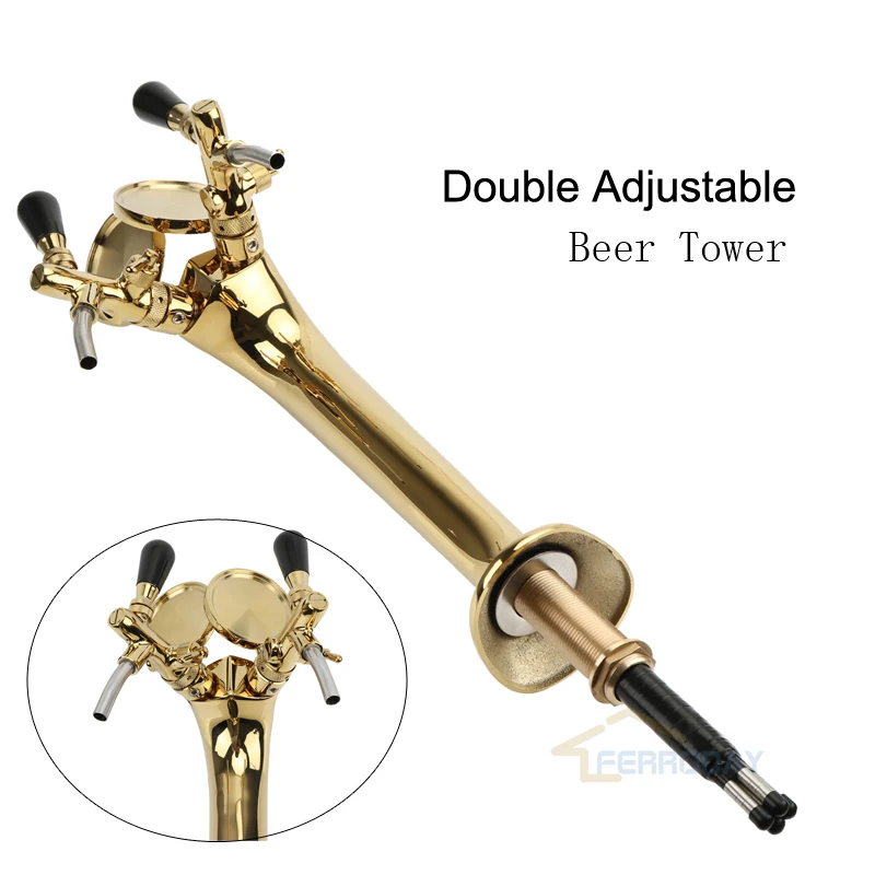 

Golden Beer Tower Chrome Plated Brass Double Adjustable Beer Tap Faucet With Beer Label Badge Holder Homebrew High Quality
