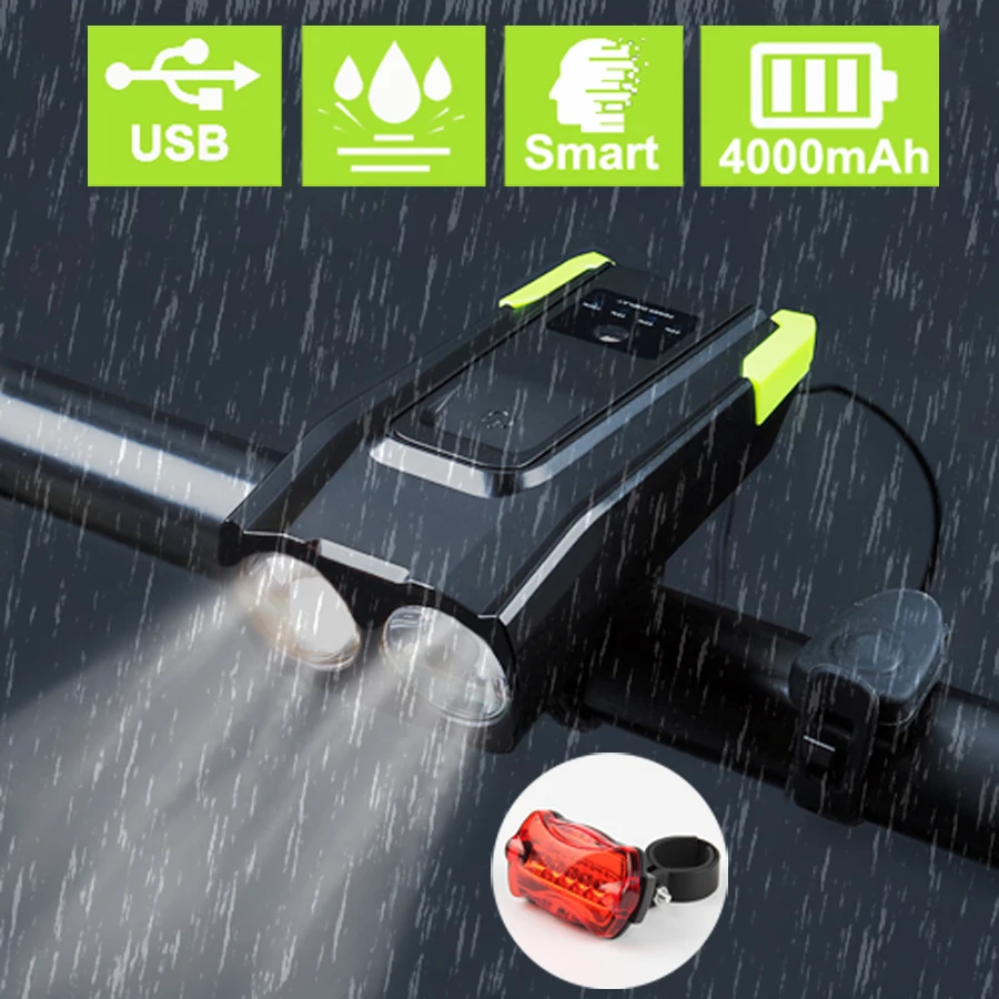 

4000mAh Bicycle Light Kit USB Rechargeable Smart Induction Headlight With Horn 800 Lumen LED Lamp Bike Front Light FlashLight