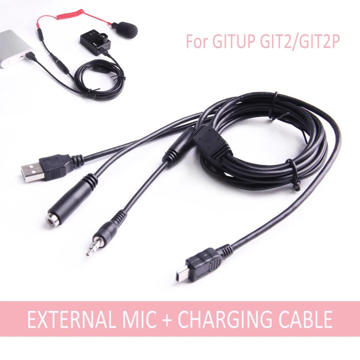 

Mini USB 3.5mm External Microphone And Charging Cable For GITUP GIT2/GIT2P 2 in 1 Charge Cable