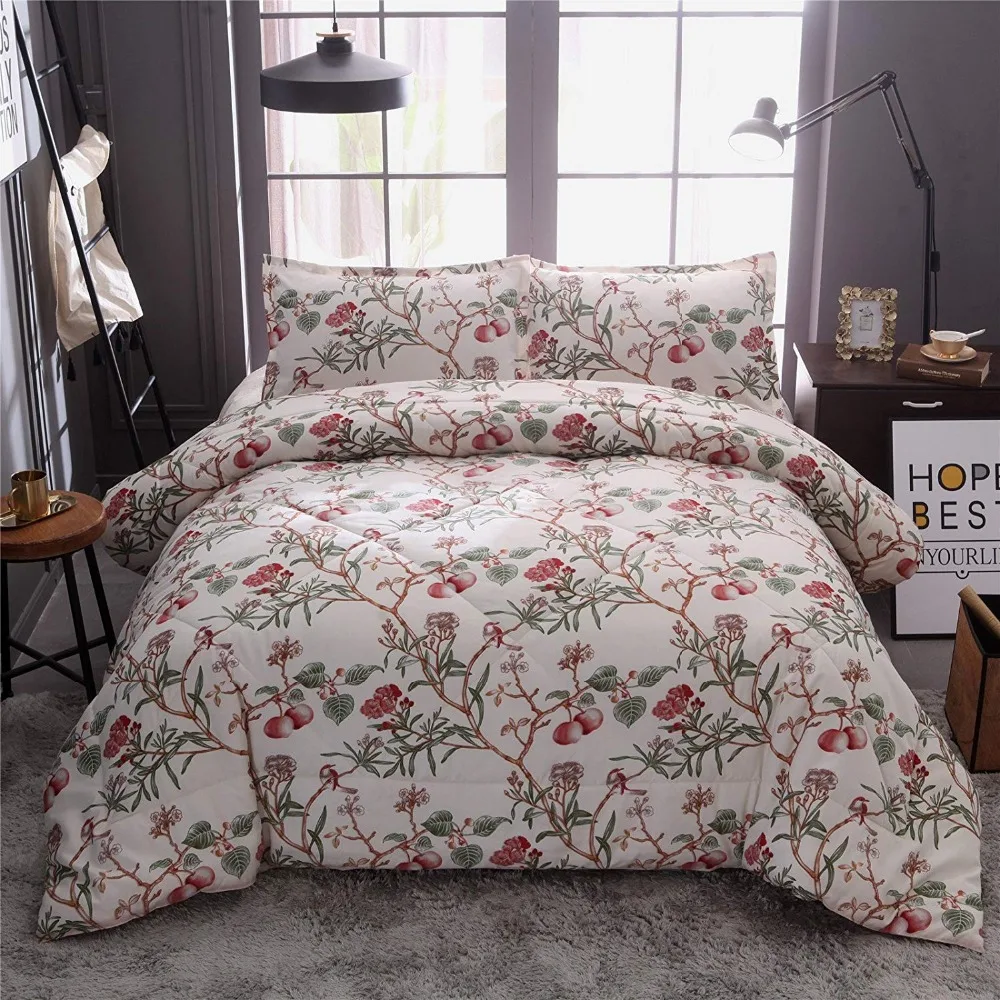 

Bohemian Botanical Flowers Birds Cherry Pattern Printed, Quilt Set Bedding Bedspread