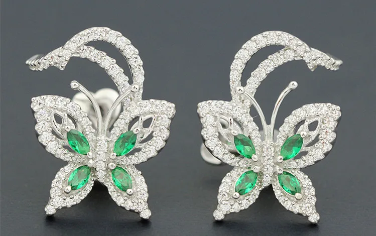 

Brand 925 sterling silver green stone inlay butterfly earrings for women full crystals silver color monaco earring jewelry