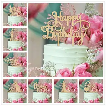 

Wooden Happy Birthday Mr Mrs We Do Love Heart Wedding Cake Topper Bride and Groom Wedding Birthday Party Cake Decoration Kids