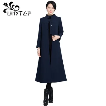 

UHYTGF Women's new style jacket Chinese style Tang suit female vintage coat Long size Plus size women's clothing Loose coats X96