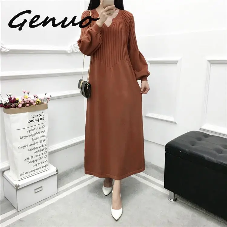 

Genuo Autumn Winter Knitted Dress Women Turtleneck Long Sleeve Warm Sweater Dress Casual Solid Loose Dresses Robe Femme Vestido