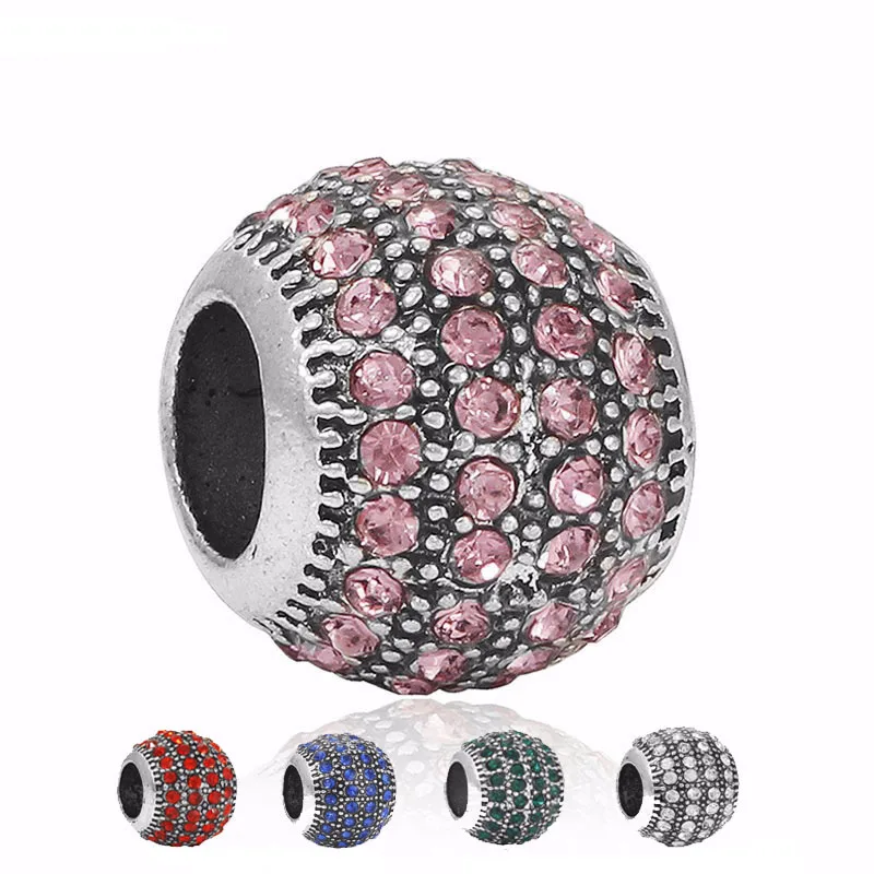 1Pcs Silver Plated Spacer Charm Bead Micro Pave Crystal Ball Beads Fit For European Pandora Charms Bracelet Berloques