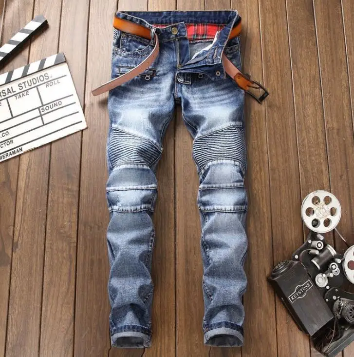 1419 байкерские джинсы из денима мужские модные тонкие рваные модные джоггеры мотоциклетные Брюки Homme потертые прямые джинсы в гармошку - Цвет: Синий