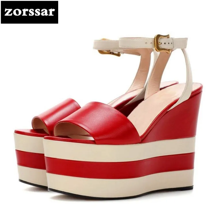 Verano Zapatos Las Sandalias Punta 2018 Tamaño {zorssar} De Roma caqui Negro Plataforma Mujeres rojo Tacón Abierta Cuñas Cuero Alto Genuino Grande 40 IvBnqP