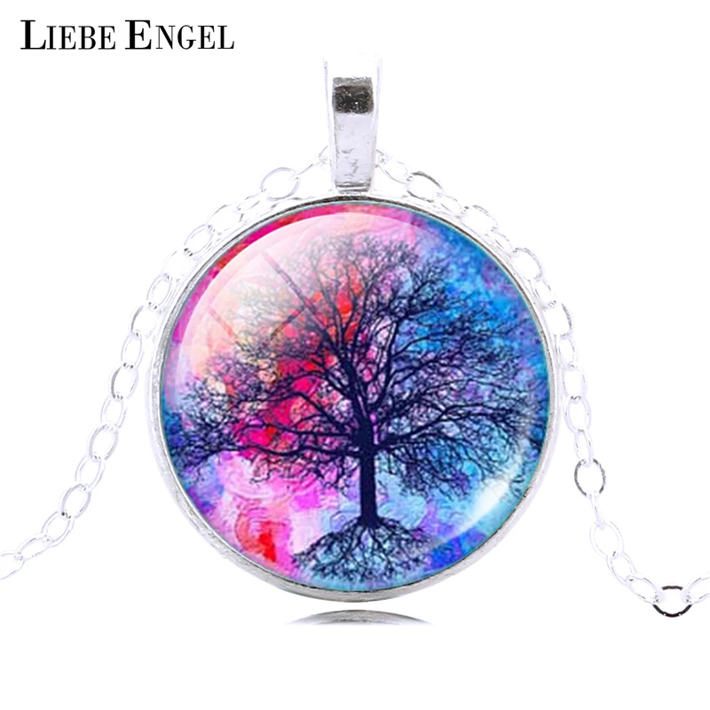 Fashion Life Tree Pendant Necklace Vintage Silver Color Chain Necklace in Jewelry Classic Glass Cabochon Necklace