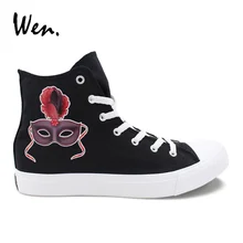 Вэнь классические черные кроссовки дизайн карнавал красная маска с перьями парусиновая обувь Высокие Топы мужские и женские плимсоллы шнуровка Повседневная плоская подошва