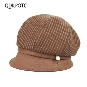 

QDKPOTC 2018 Charles Perra Hats Female Autumn Winter New stripe Hat Casual Warm Fashion Berets Caps Thick Elegant Women Beret