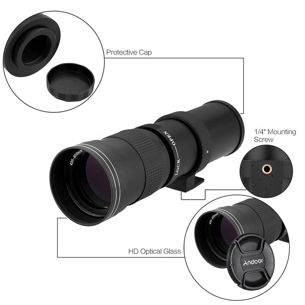 Andoer 420-800mm F/8,3-16 HD супер длиннофокусный объектив с t-креплением T/T2 переходное кольцо для цифровой зеркальной камеры Canon Nikon sony объектив EOS DSLR