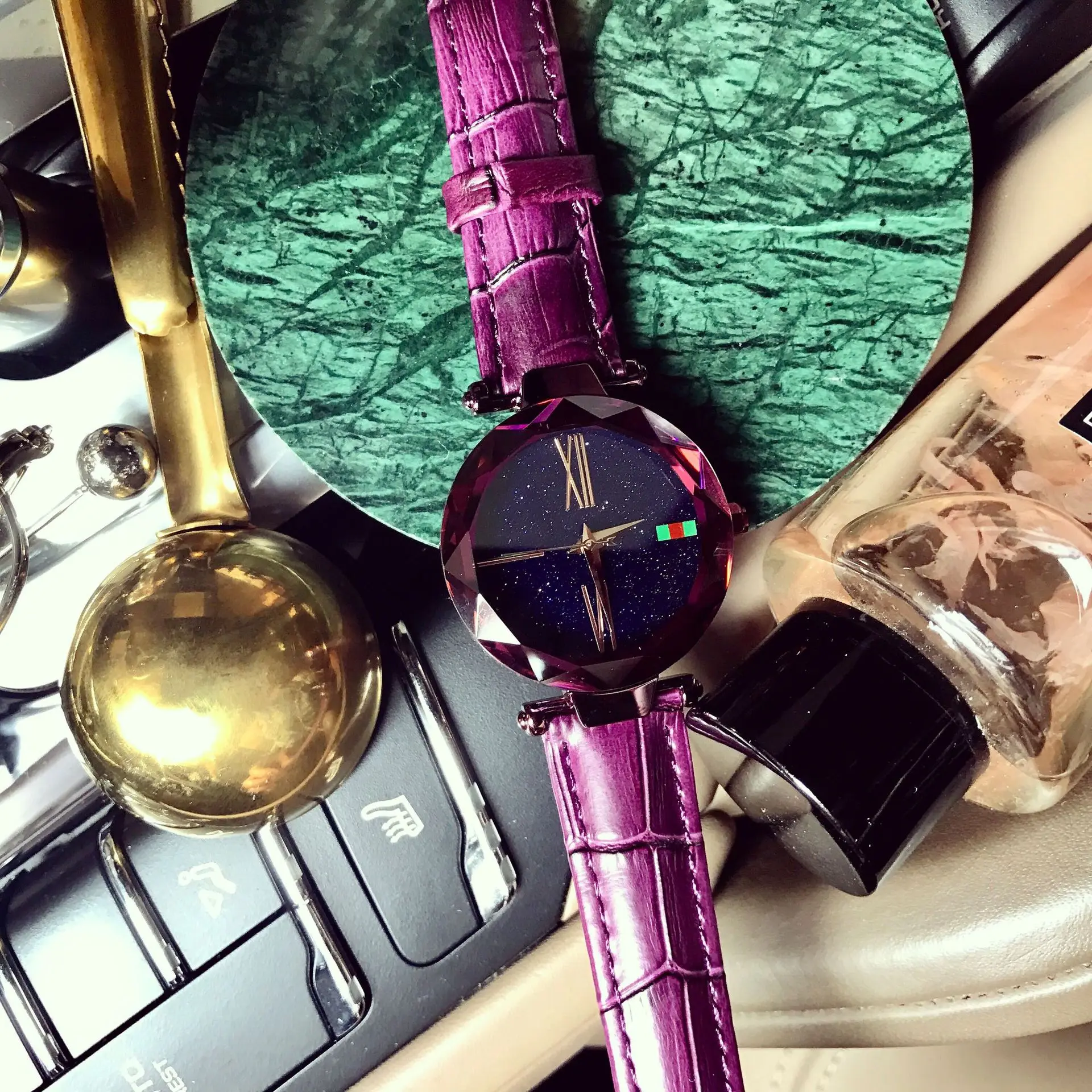 Женский кожаный ремешок со стеклянными японские часы механизм Звездный дизайн водонепроницаемый покрытием плоский круглый для женщин - Цвет: purple