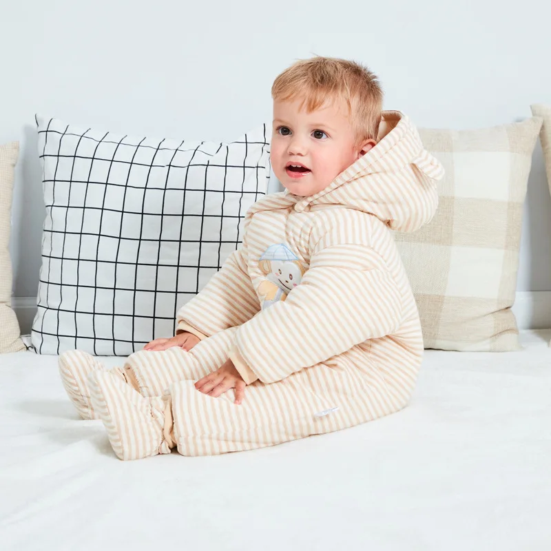 

FEERIJT Baby Winter Clothes Thick Cotton One-piece Suit Wrap Foot Hooded Newborn Baby Clothing 2019 Rompers for Baby Boys Girls