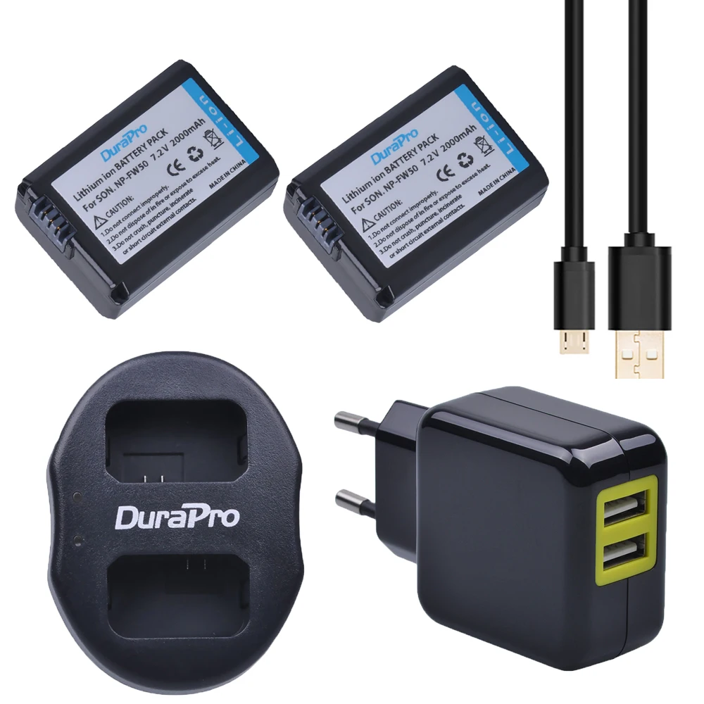 2Pcs NP FW50 NP FW50 Camera Battery + Dual USB Charger + AC Adapter for