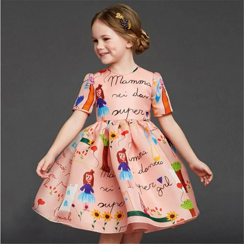

Retail Europe Fashion Dress Girls Princess Dress Party Beautiful Elegant Clothes Children Performance Printed Wedding Out Dress