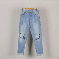 Европа простой кошачьей мордочкой манжеты с вышивкой светло-синие стретчевые джинсы для Для женщин Свободные ботильоны-Длина джинсы плюс