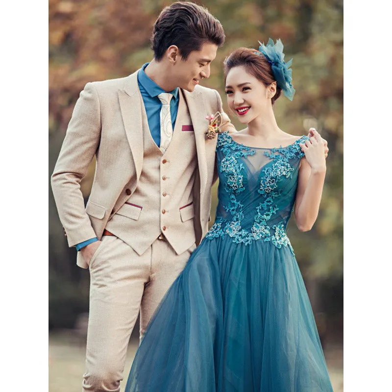 123 Beige Formal Wedding Suits For Men Custome Homme Fashion Tuxedos Handsome Terno Slim Fit High Quality Suit(Jacket+Pant+Tie+Vest)
