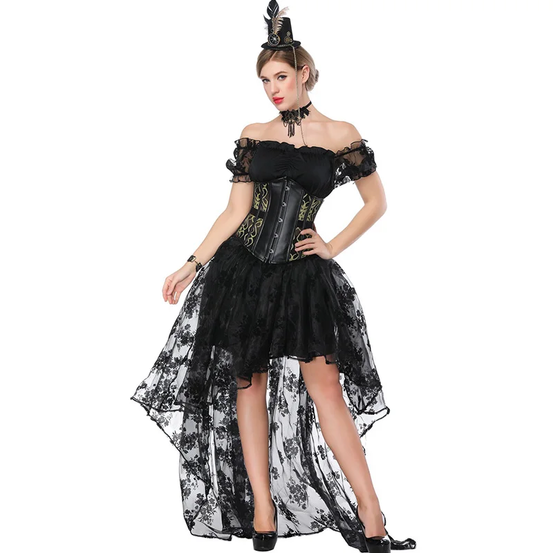 Women Sexy Gothic Victorian Steampunk Corset Dress Leather Overbust Corsets And Bustiers Lace Black Wedding Party Corset Dress (12)