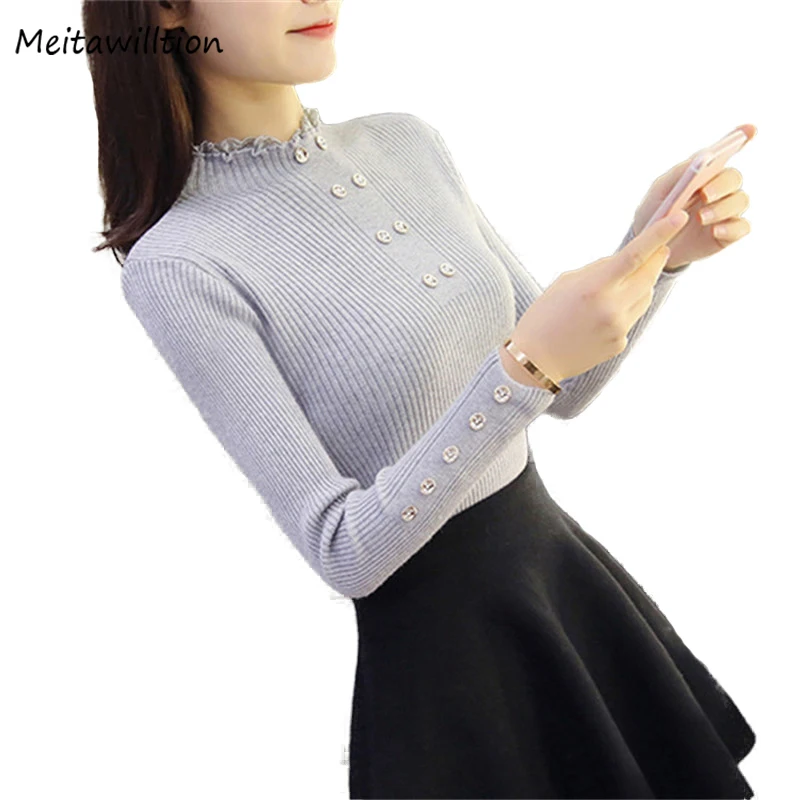 

2019 Lace Button Sweater Pullovers Female Autumn Winter Black White Sweater Elasticity Bodycon Basic sweaters For Women