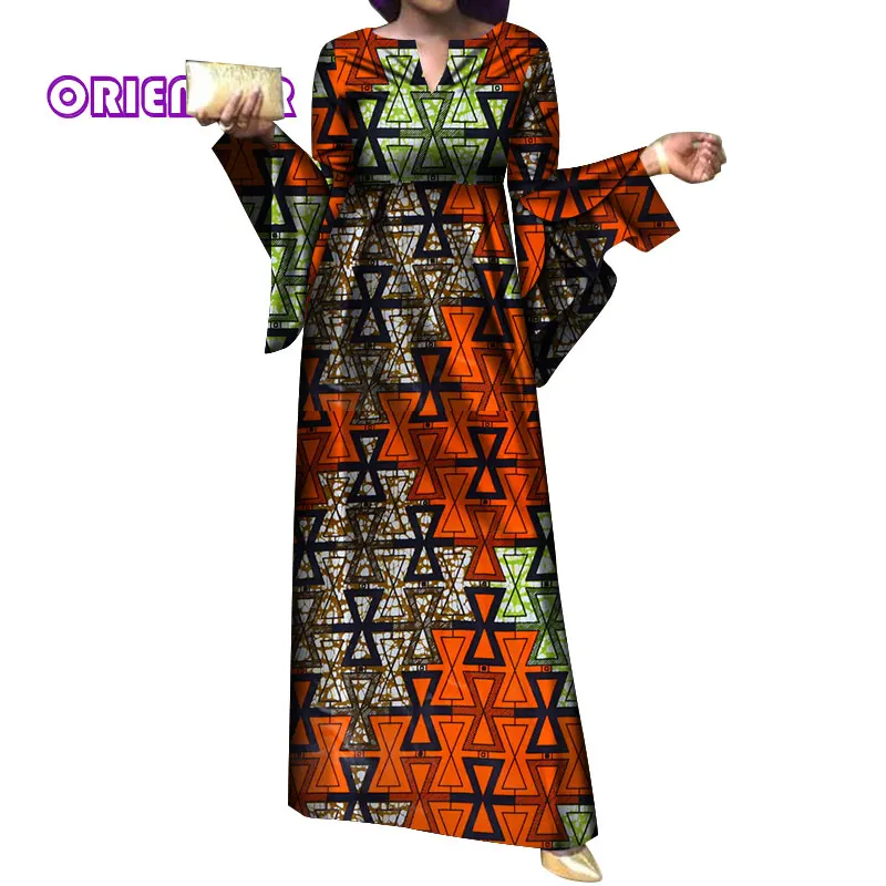 Африканские платья для женщин повседневные африканские принты Bazin Riche элегантные женские платья с расклешенными рукавами с высокой талией размера плюс длинное платье WY4054