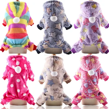 

Dog Pajamas Button Four-Legged Fleece Jumpsuit Autumn Winter Dog Clothes Cat Clothes Keep Warm With Colorful Star Stripes Costum