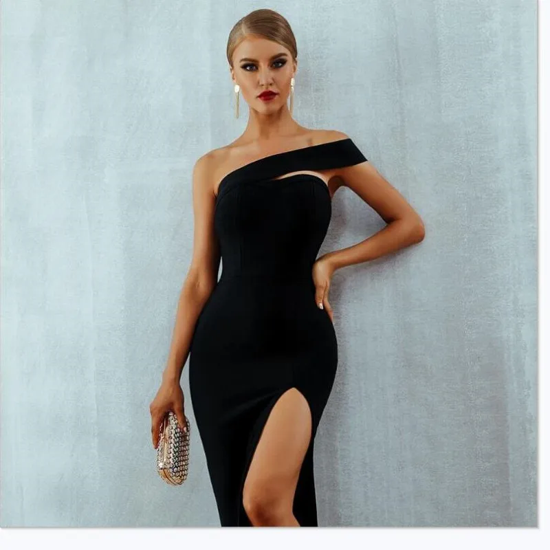 

Bodycon Bandage Dress Women Vestidos Verano 2019 Summer Sexy Elegant White Black One Shoulder Midi Celebrity Party Dresses