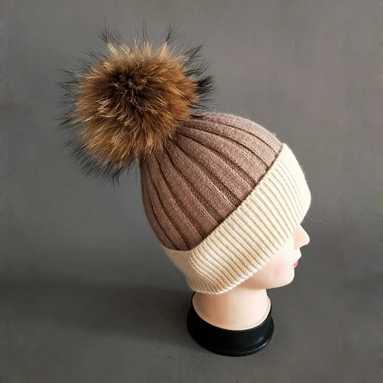[Rancyword] Вязаная кашемировая шапка, шапки из натурального меха, Высококачественная меховая шапка Skullies, шапка для девочек, зимние шапки для женщин RC1226 - Цвет: Khaki raccoom ball
