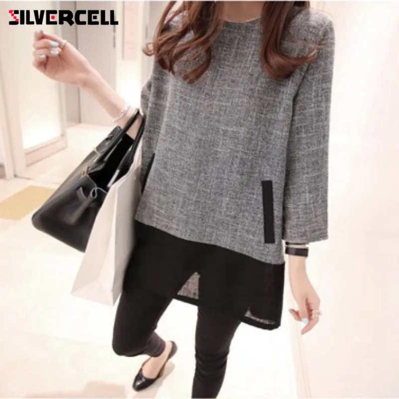 Prix SILVERCELL Mode Casual Automne Blouse Femmes Patchwork Maille À Manches Longues Blusas Épissage Tunique Grande Taille Blouse chemise L 4XL