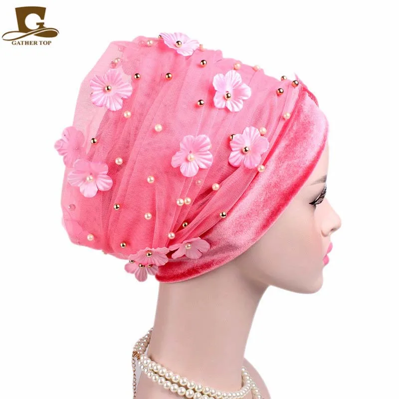 Новая мода 3D цветок бисером очень длинная сетка и бархат тюрбан головной убор нигерийский тюрбан стильный головной шарф для женщин Африка хиджаб