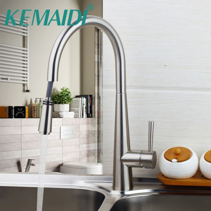 

KEMAIDI Useful Modern 360 Swivel Pull Out Kitchen Wash Basin Sink Mixers Tap Pull Out Faucets Nickle Brushed Ceramic Plate Spool