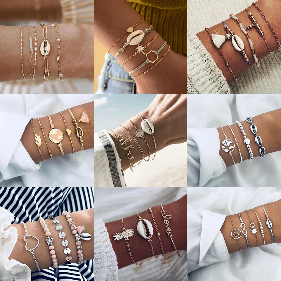 

13 Style Boho Shell Element Bangle Star Moon Map Crystal Bead Bracelet Women Charm Party Wedding Jewelry Accessories 2019 New