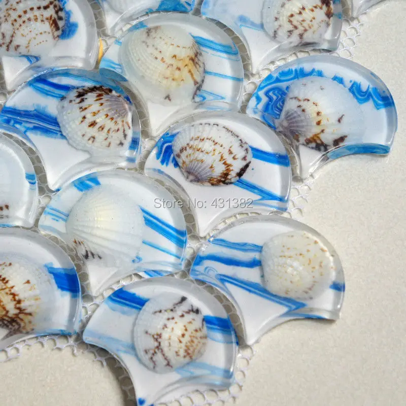 New! blue fan shaped resin with embedded shell mosaic tiles for backsplash tile bathroom shower