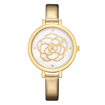 

FanTeeDa Leather Women's Watch #FD115 Simple Golden Brain Flower Stainless Steel Round Dial Quartz Wrist Watch 2019 montre a8