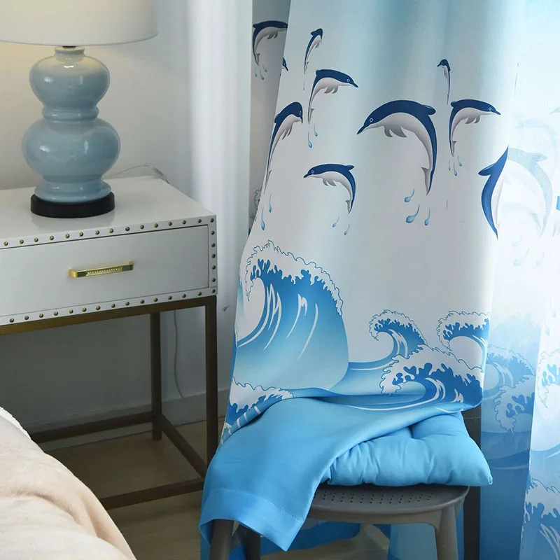 

Blue Cartoon Dolphin Pattern For Kids Room Custom Made Blackout Purple Curtains Tulle Baby Boys Girls Bedroom Drapes AG196&30